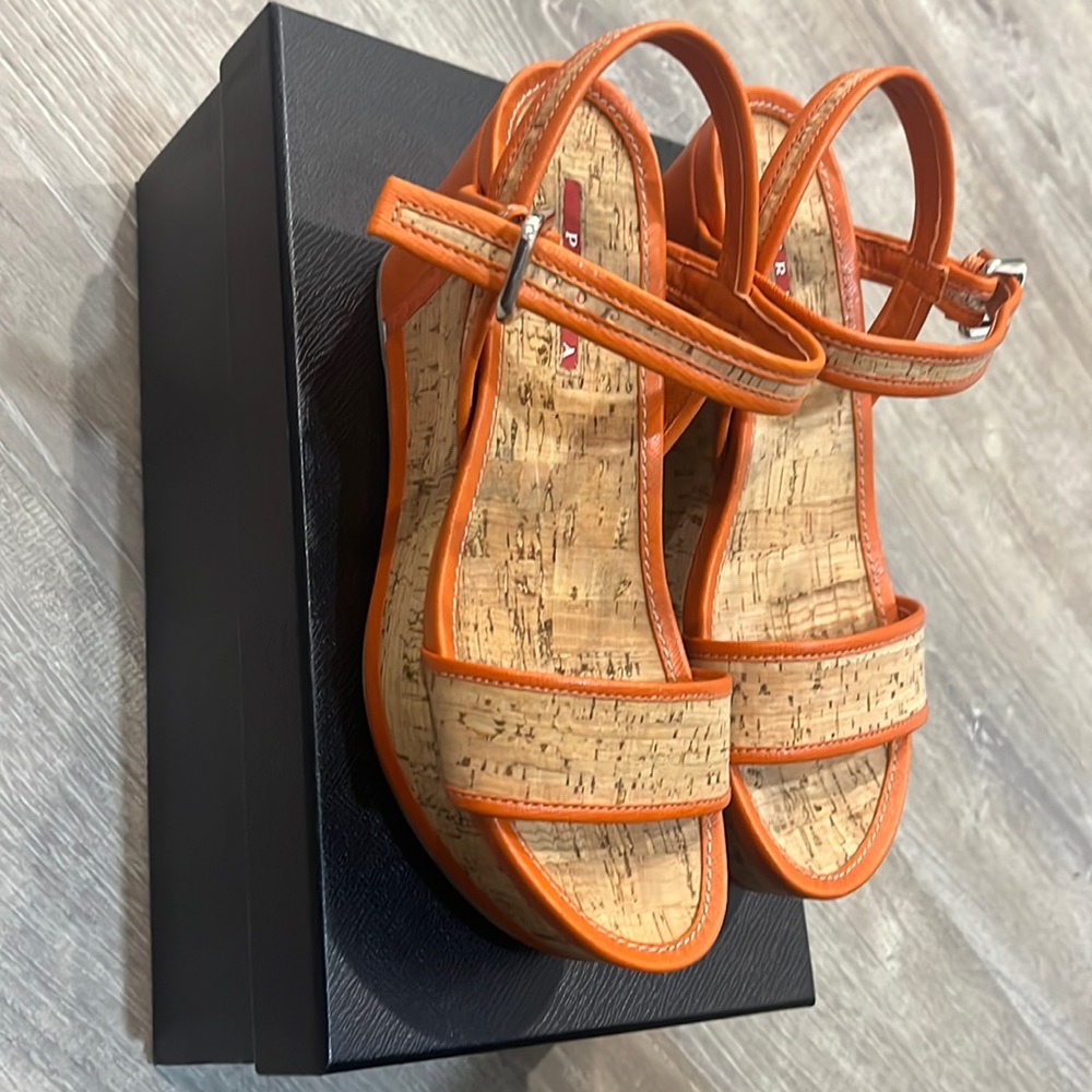 Prada cork wedges with orange leather detail